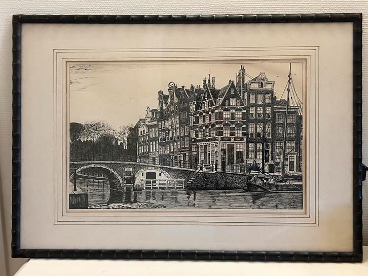 Groot schilderij - Gracht Amsterdam prachtig ingelijst, Antiek en Kunst, Kunst | Etsen en Gravures, Ophalen