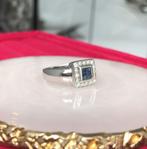 14k witgouden diamant en saffieren ring maat 18 # 210134/1, 18 tot 19, Goud, Met edelsteen, Ophalen of Verzenden
