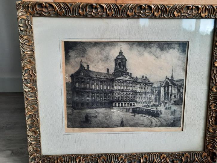 Ets W. van Leusden DAM Amsterdam gesigneerd, Antiek en Kunst, Kunst | Etsen en Gravures, Ophalen