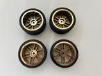 4x Tamiya banden met velg 1/10 rc auto, Ophalen of Verzenden, Gebruikt, Onderdeel