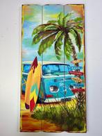 Houten wandbord beach retro surf bus Blauw 60 x 30cm, Huis en Inrichting, Nieuw, Ophalen of Verzenden