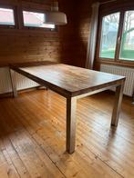 Robuuste industriële eettafel 220cm massief hout, Ophalen, Gebruikt, 200 cm of meer, 50 tot 100 cm