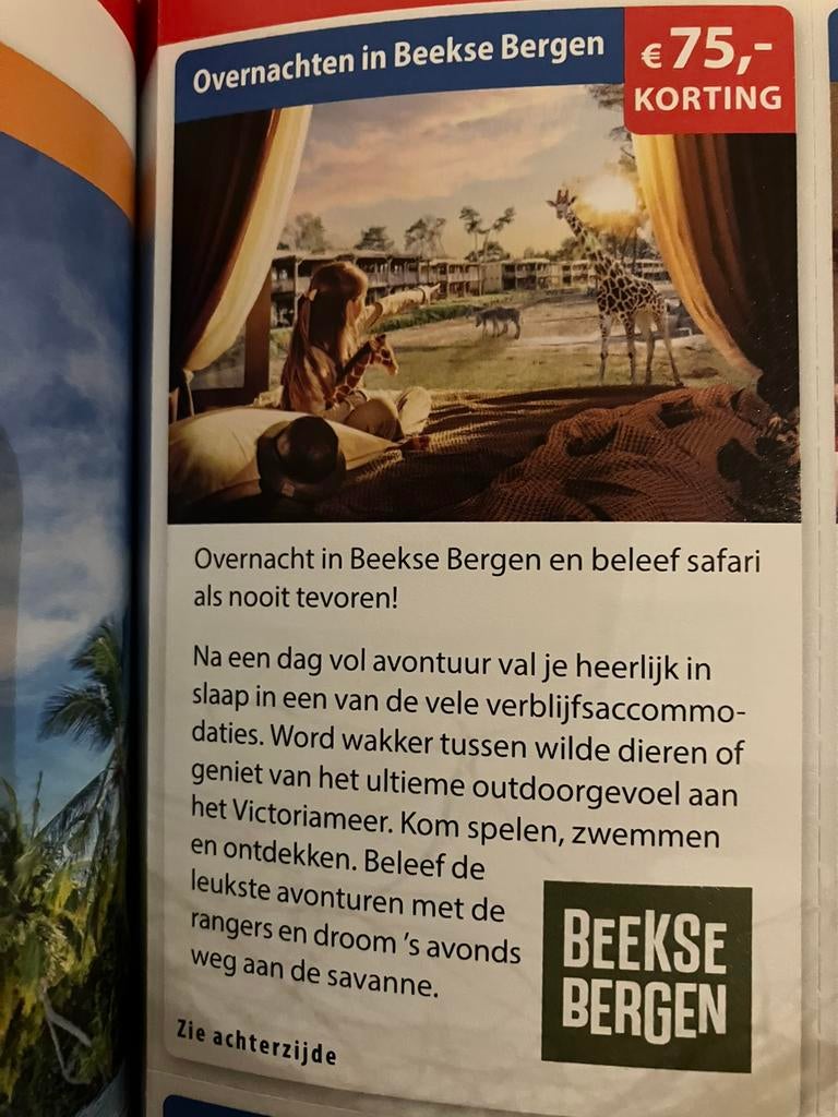 Overnachten Beekse Bergen 75 euro korting, Tickets en Kaartjes, Kortingen en Cadeaubonnen, Drie personen of meer, Kortingsbon