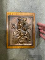 Maria met kind bronzen reliëf op houten plank, Antiek en Kunst, Antiek | Religie, Ophalen of Verzenden