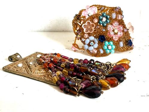 Vintage grote statement hanger en kraaltjes armband, Sieraden, Tassen en Uiterlijk, Antieke sieraden, Armband, Overige materialen