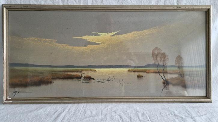 Schilderij Waterlandschap zon acher wolken (vuurvogel) SCH17, Antiek en Kunst, Kunst | Schilderijen | Klassiek, Ophalen of Verzenden