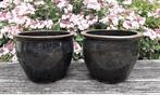 2 donkerblauwe keramiek bloempotten, 23 cm, Ophalen, Gebruikt, Tuin, Rond
