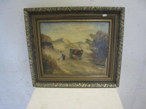 leuk geschilderd plattelandstafereel, olieverf, 58x51, Antiek en Kunst, Kunst | Schilderijen | Klassiek