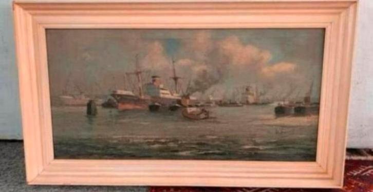 Schilderij haven gezicht rotterdam schilder Adri Verveen., Antiek en Kunst, Kunst | Schilderijen | Klassiek, Ophalen of Verzenden