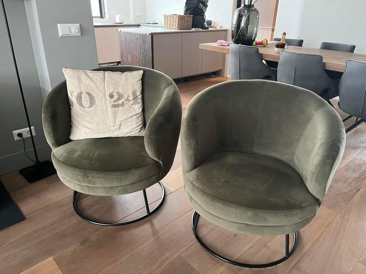 2 fauteuils van PTMD velvet groen, Huis en Inrichting, Fauteuils, Gebruikt, 50 tot 75 cm, 75 tot 100 cm, Ophalen