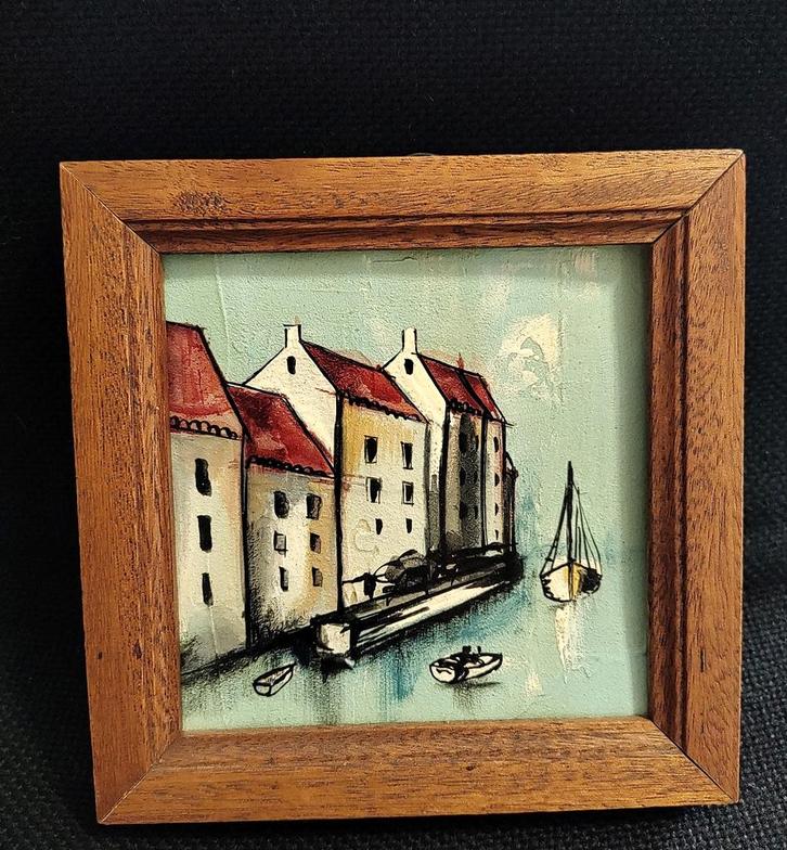 Vintage schilderij olieverf van een havenstadje 16×16 cm, Antiek en Kunst, Kunst | Schilderijen | Klassiek, Verzenden