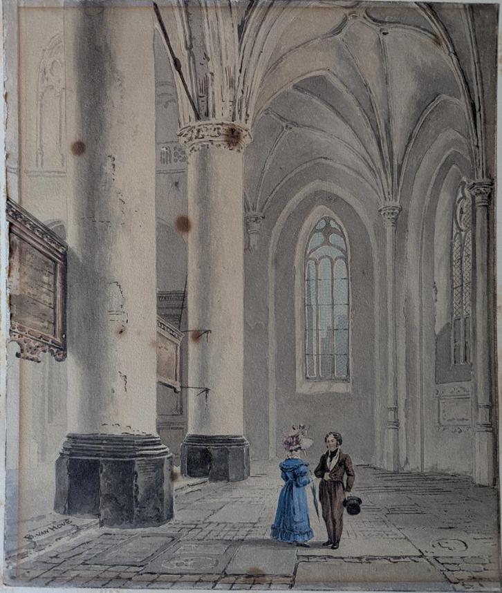 B. van Hove | Kerkinterieur met gezelschap | Aquarel, Antiek en Kunst, Kunst | Overige Kunst, Ophalen of Verzenden