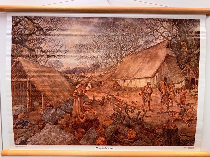 Historische schoolplaat Hunnebedbouwers, Antiek en Kunst, Antiek | Schoolplaten, Geschiedenis, Ophalen of Verzenden