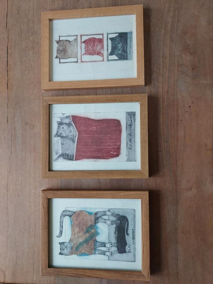 3 Schattige Poezen Schilderijtjes, Antiek en Kunst, Kunst | Etsen en Gravures, Ophalen of Verzenden