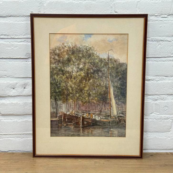 Haven stadsgezicht Aquarel/gouache schilderij van H. Hulk, Antiek en Kunst, Kunst | Schilderijen | Klassiek, Ophalen of Verzenden