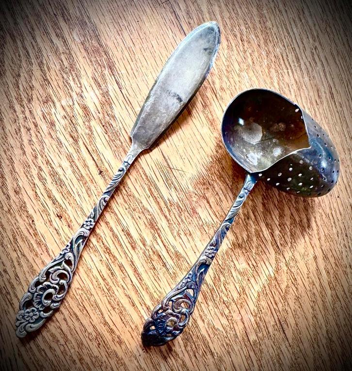 Verzilverd theezeefje + botermesje SOLA 90 (1930-1950), Antiek en Kunst, Antiek | Bestek, Ophalen of Verzenden