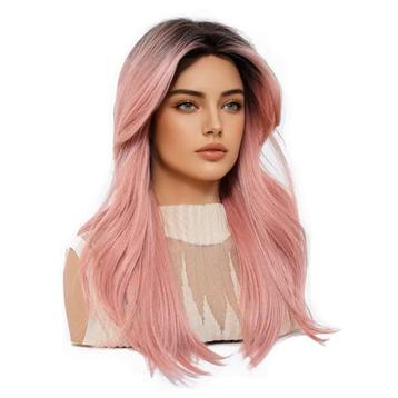 Pruik lang roze haar in grove lagen geknipt beschikbaar voor biedingen