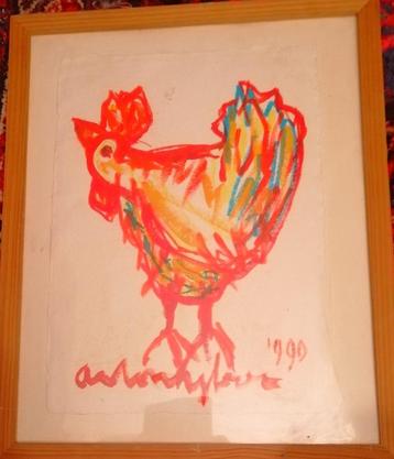 A Heyboer '' kip '' mix media  30 x 43 cm op scheppapier beschikbaar voor biedingen