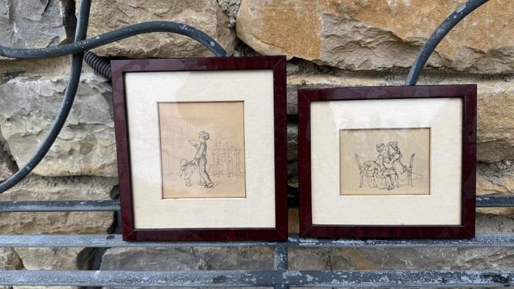 Twee antieke pentekeningen in lijst, Antiek en Kunst, Kunst | Tekeningen en Foto's, Ophalen