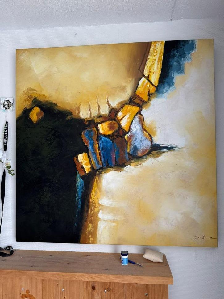 Modern abstract schilderij 100x100x5 warme tinten met relief, Huis en Inrichting, Woonaccessoires | Schilderijen, Tekeningen en Foto's
