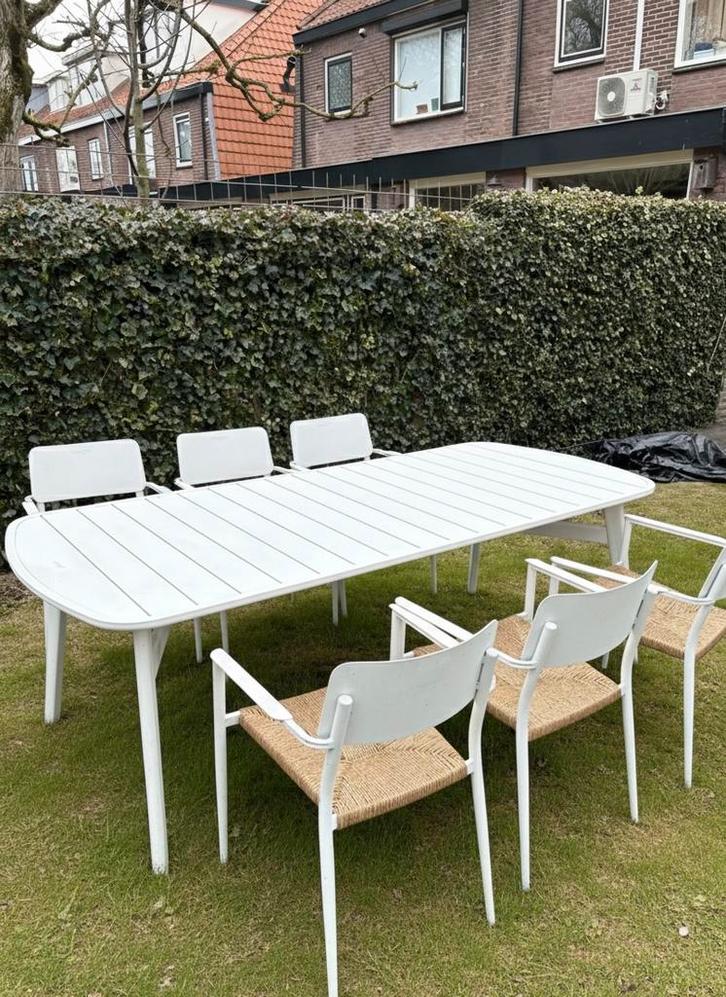 6 persoons aluminium tuinset tuintafel by stoelen wit rotan, Tuin en Terras, Tuinsets en Loungesets, Gebruikt, Tuinset, Aluminium
