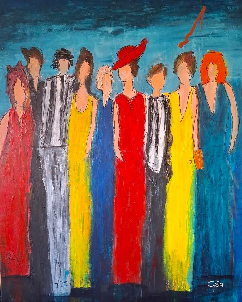 T.e.a.b.  Schilderij 'De Groep' - Acryl op doek. 70 x 90cm., Antiek en Kunst, Kunst | Schilderijen | Modern, Ophalen