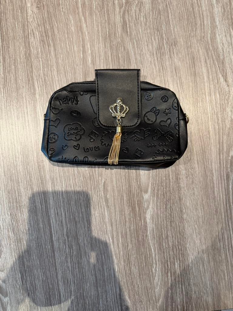 Zwart en wit schoudertasje met kroonhanger, Ophalen of Verzenden, Zo goed als nieuw, Zwart, Schoudertasje