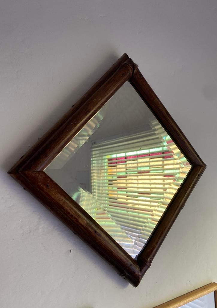 Vintage bamboe spiegeltje facet-rand, Ophalen of Verzenden, Rechthoekig, Minder dan 50 cm