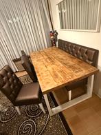 Robuuste eettafel met bank en stoelen - 200x120 cm, Gebruikt, 100 tot 150 cm, 200 cm of meer, Ophalen of Verzenden