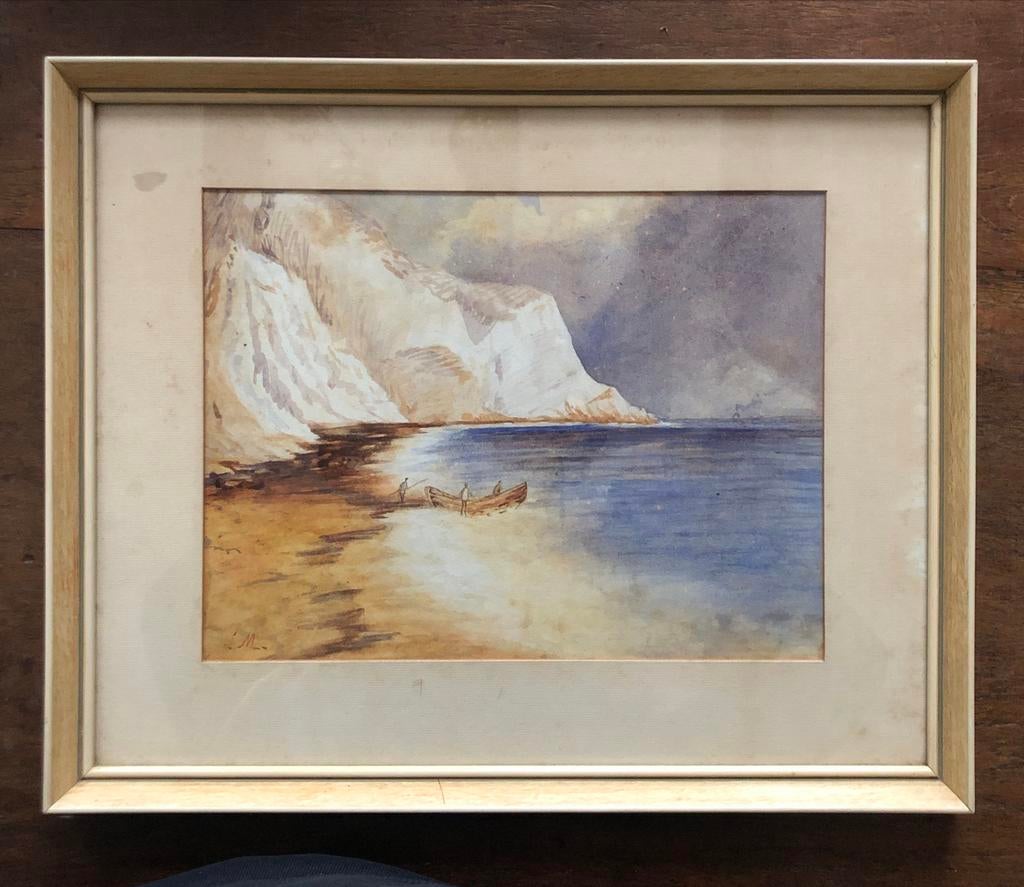 Vintage aquarel van krijtrotsen aan zee met boot, Antiek en Kunst, Ophalen of Verzenden