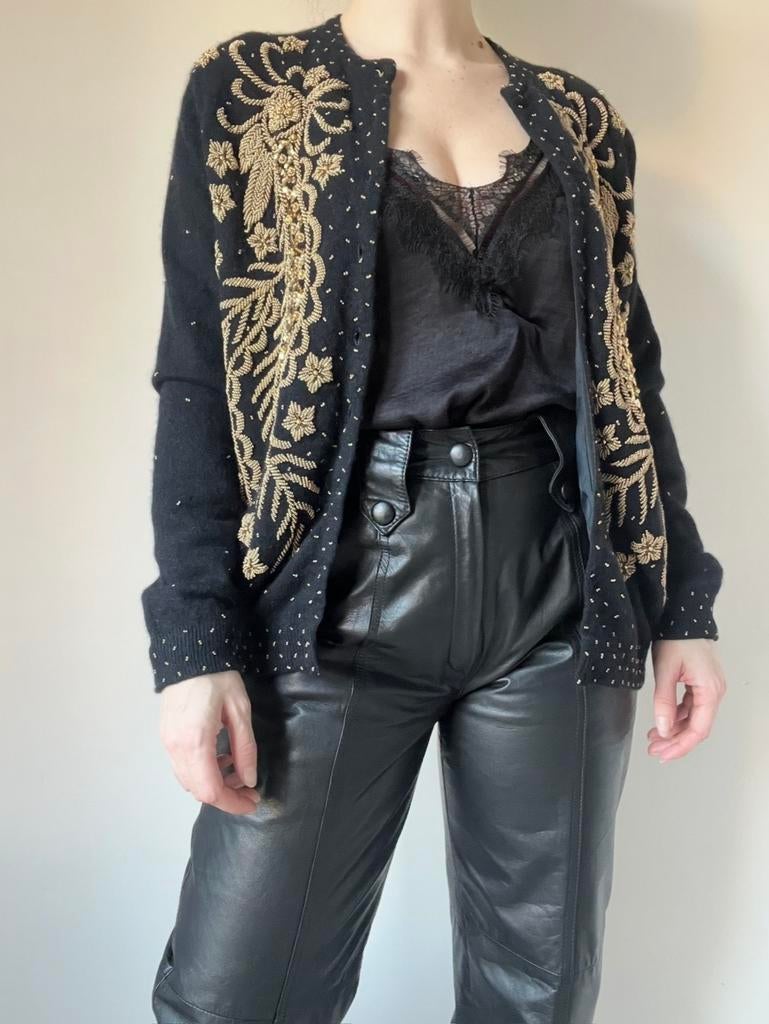 Prachtig vintage kraaltjes vest,S/M. Party glitter boho goud, Verzenden, Zwart, Vintage, Maat 36 (S)