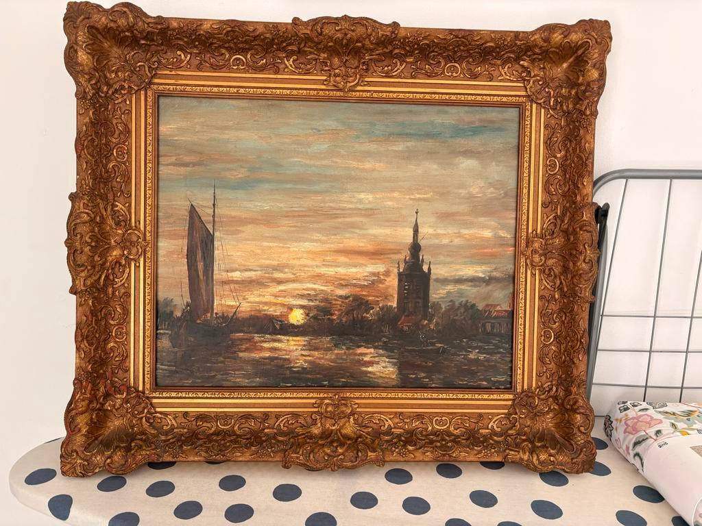 Antiek Hollands schilderij met zonsondergang en boot, Ophalen of Verzenden