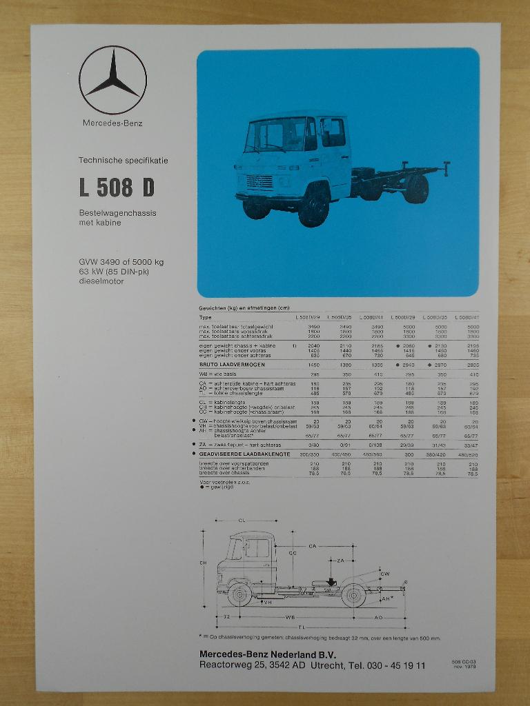 Mercedes 508 D Technische Specificatie Brochure 1979 CC 508D, Zo goed als nieuw, Mercedes-Benz, Mercedes, Ophalen of Verzenden