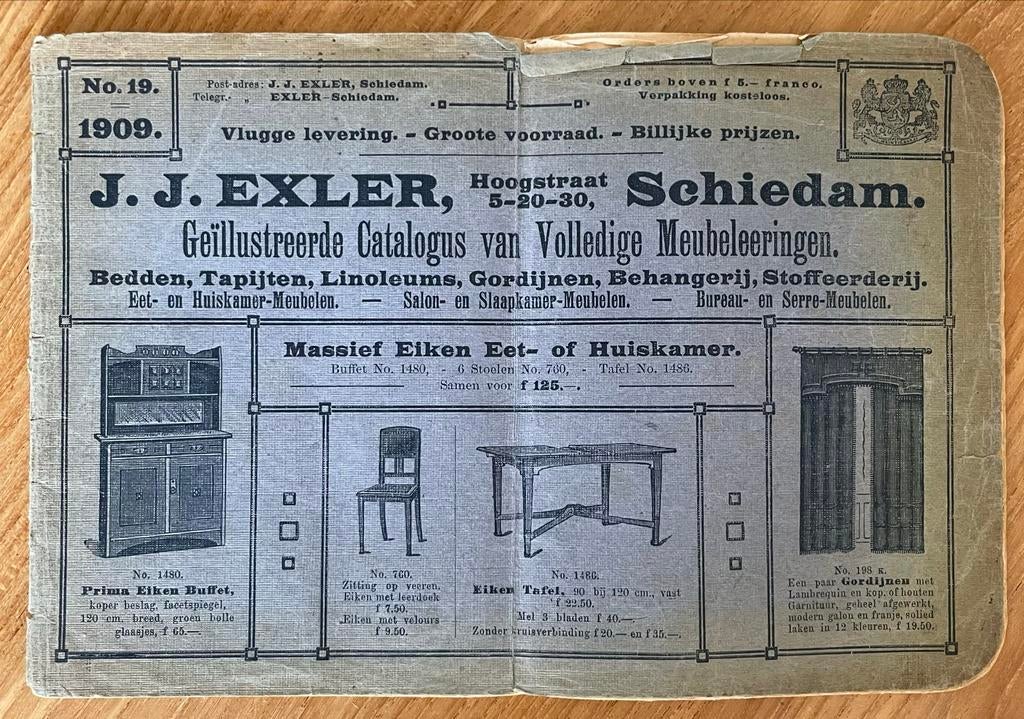 Antieke Catalogus 1909 J.J. Exler Schiedam - Meubelen & Inte, Ophalen of Verzenden, Gelezen, Catalogus