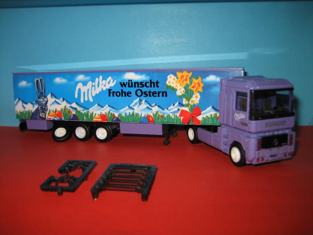 Milka-Frohe-Ostern  RENAULT  medt oplegger  Herpa/Albedo, Ophalen of Verzenden, Nieuw, Bus of Vrachtwagen, Herpa