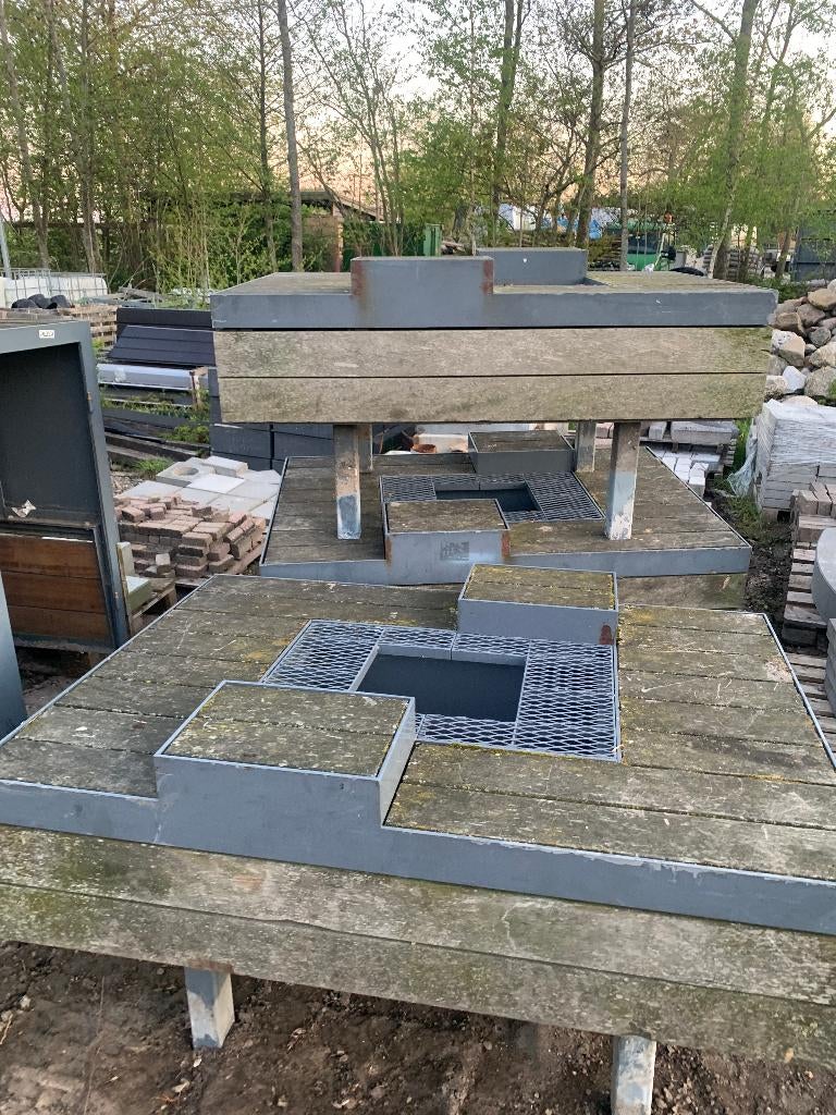 Boombank, zitelement, tuinbank, plantenbak staal/hout, Tuin en Terras, Tuinbanken, Ophalen, Gebruikt, Hout