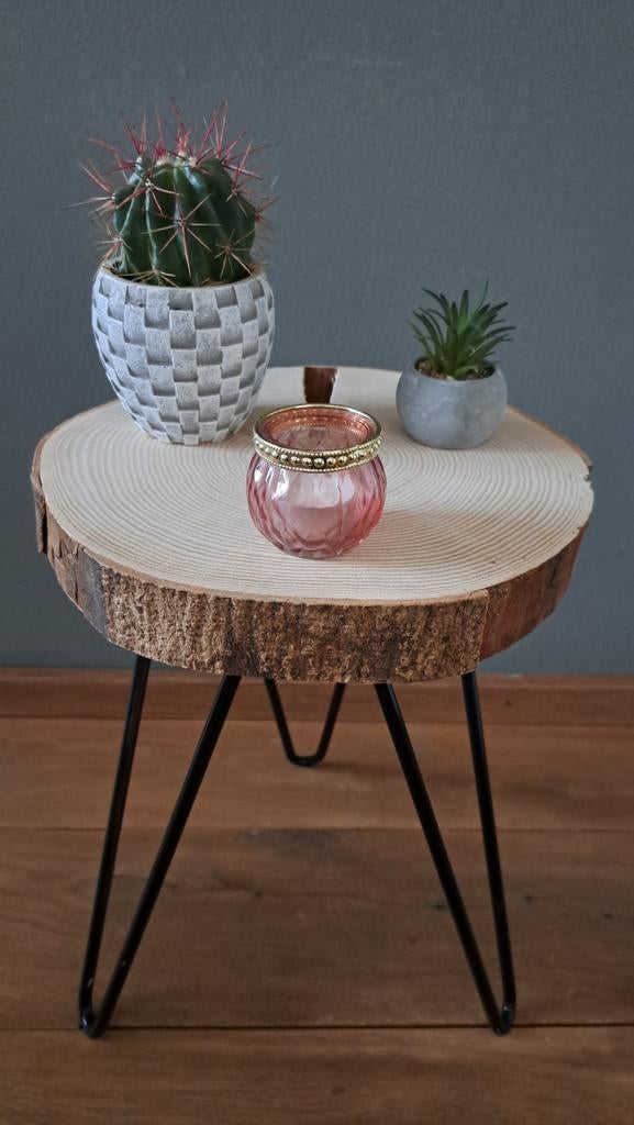 ❗7x Boomschijf 35 cm bijzettafeltje hairpin poten metaal, Hout, Meerkleurig, Nieuw, Ophalen of Verzenden