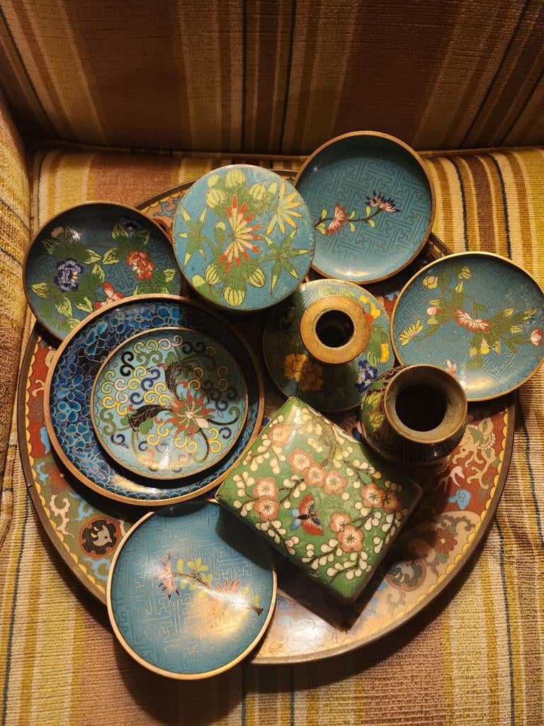 Prachtige 9-delige Vintage Cloisonné Set - Draak & Feniks, Ophalen of Verzenden