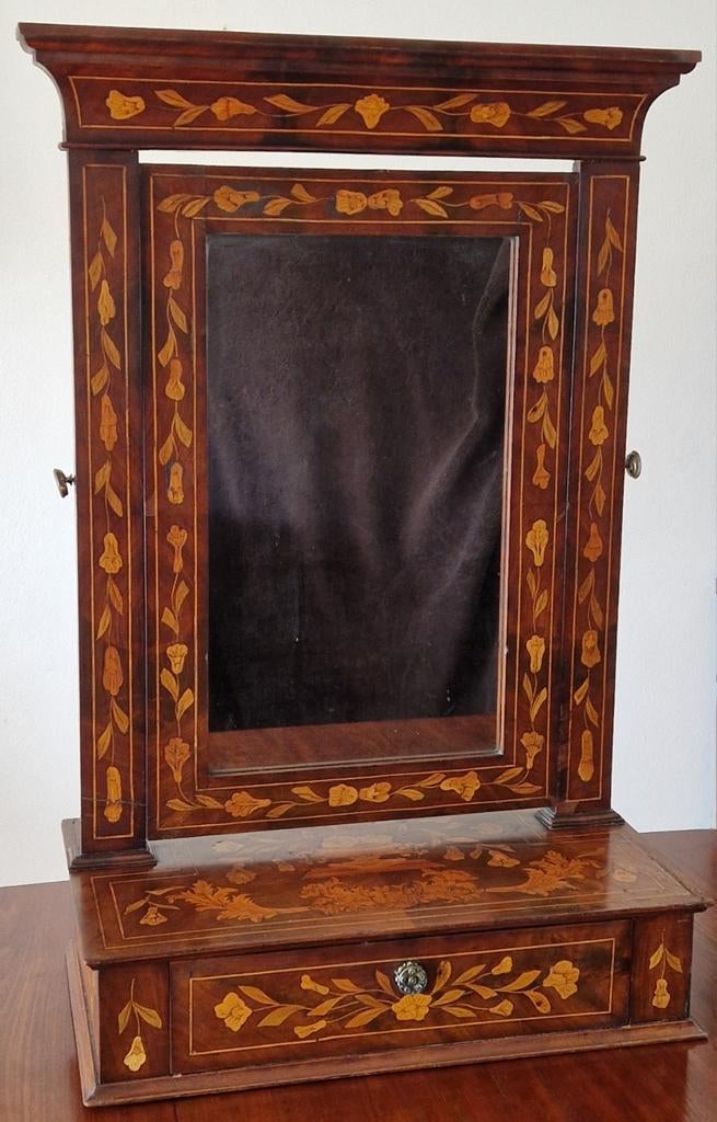 Antieke mahoniehouten marqueterie toiletspiegel 19e eeuw, Ophalen, Rechthoekig, 50 tot 100 cm, Minder dan 100 cm