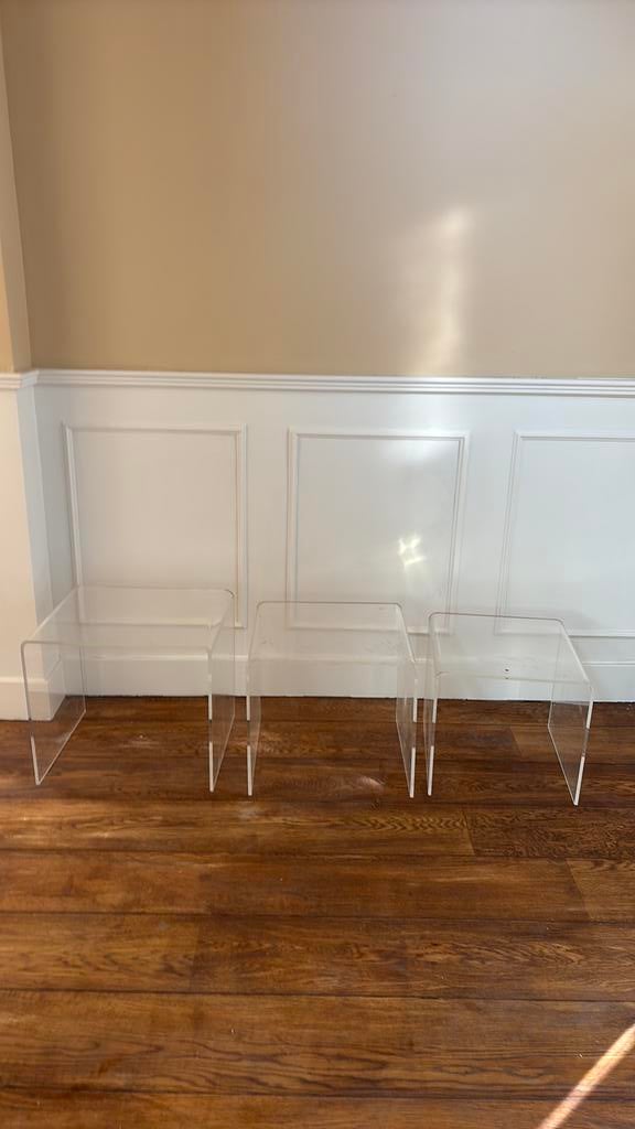 3x design plexiglass bijzettafels, Huis en Inrichting, Tafels | Salontafels, 50 tot 100 cm, Rond, Ophalen of Verzenden, Zo goed als nieuw