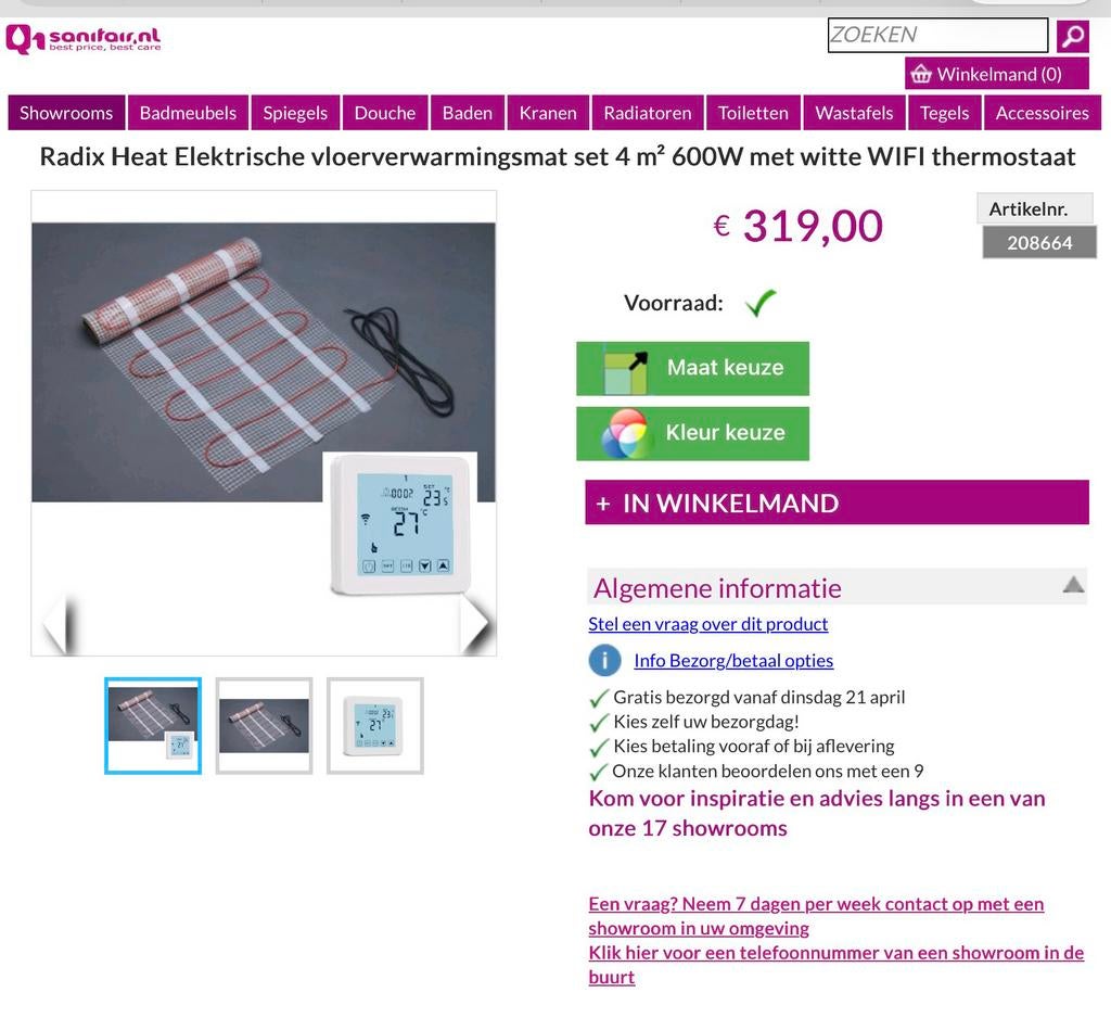 Radix electrische vloerverwarming 4m2 met WIFI thermostaat, Ophalen of Verzenden, Zo goed als nieuw, Minder dan 60 cm, Minder dan 30 cm