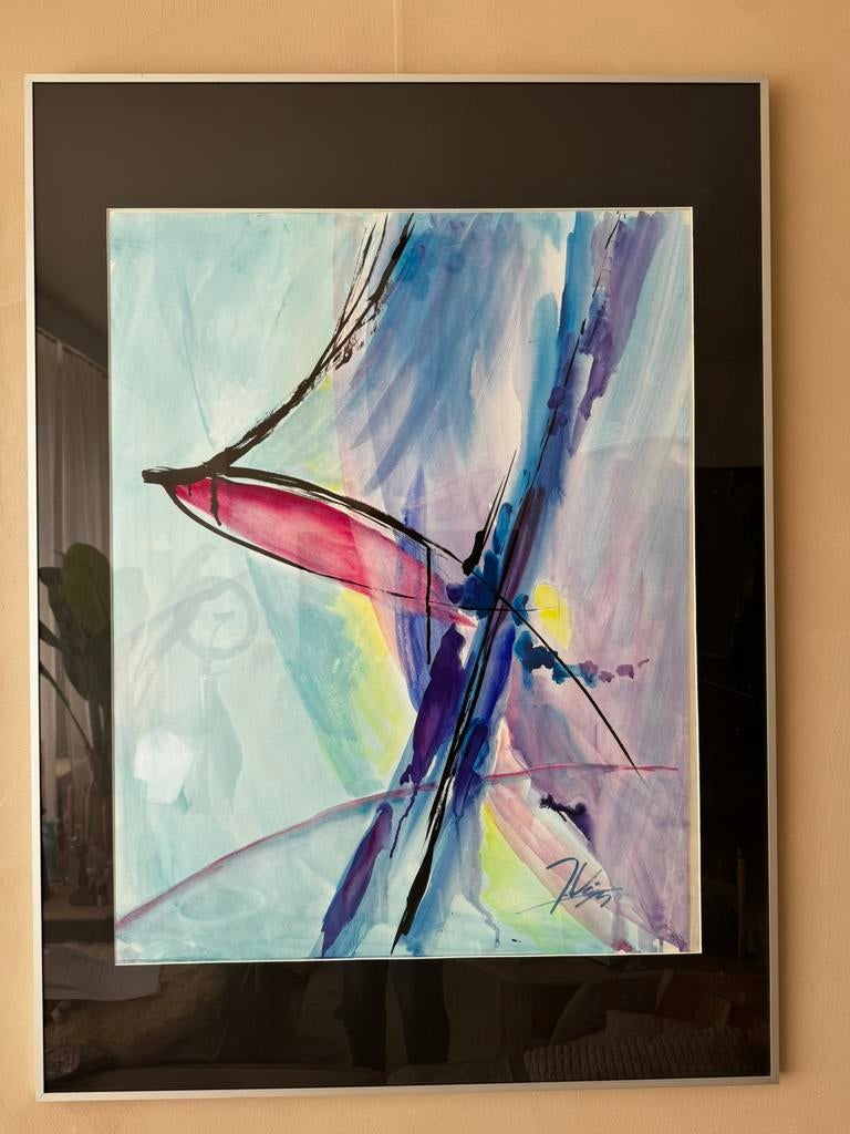 Abstract schilderij gouache met Barth lijst 110 x 80 cm, Ophalen