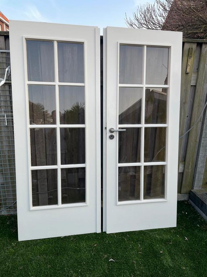 Set van 2 Hardhouten Binnendeuren met Glas, Doe-het-zelf en Verbouw, Deuren en Horren, Gebruikt, Binnendeur, 200 tot 215 cm, Minder dan 80 cm