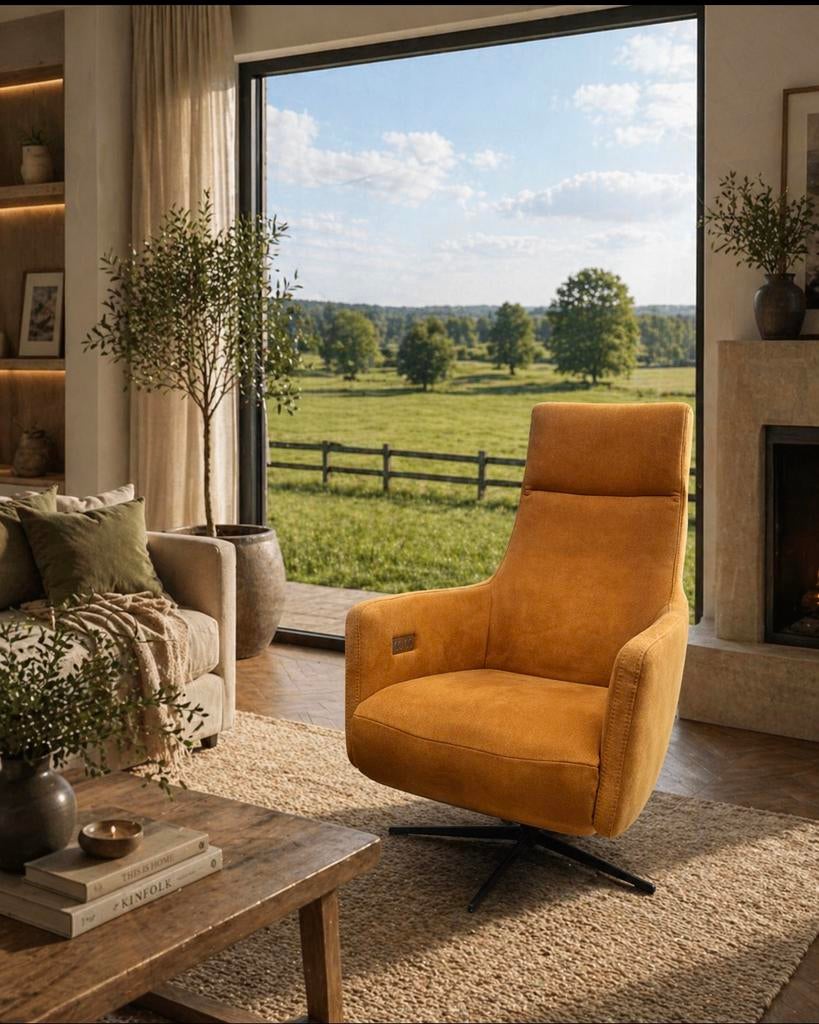 OKER GELE ELEKTRISCH BEDIENBARE STRAK DESIGN RELAX FAUTEUIL, Huis en Inrichting, Fauteuils, Ophalen, Zo goed als nieuw, Stof, 50 tot 75 cm