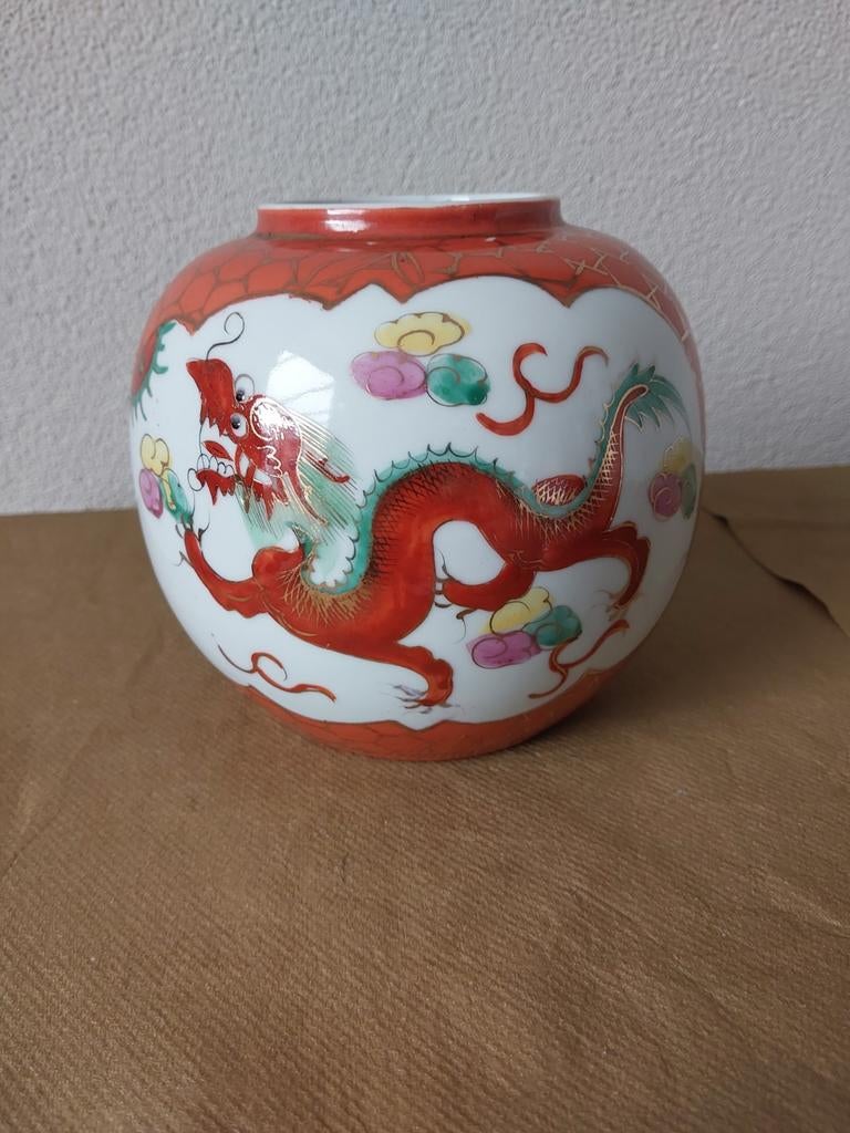 Oude Chinese gemberpot  met draak en feniks, Ophalen of Verzenden