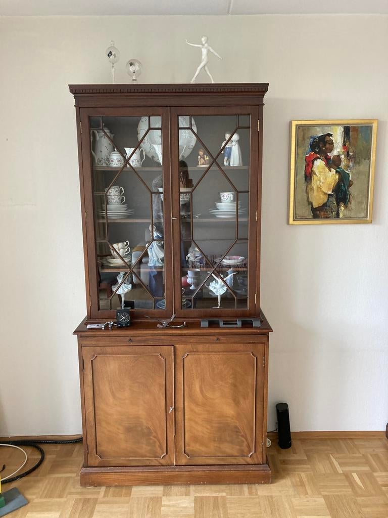 Engelse regency vitrinekast (mahonie), Ophalen, Gebruikt, 100 tot 150 cm, 200 cm of meer