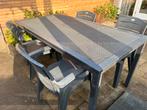 Aluminium tuintafel met 4 Hartman kunststof stoelen, Ophalen, 4 zitplaatsen, Gebruikt, Eettafel