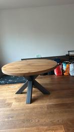 Massief houten ronde tafel met stalen frame + 6 stoelen, Ophalen, Zo goed als nieuw, Rond, 100 tot 150 cm