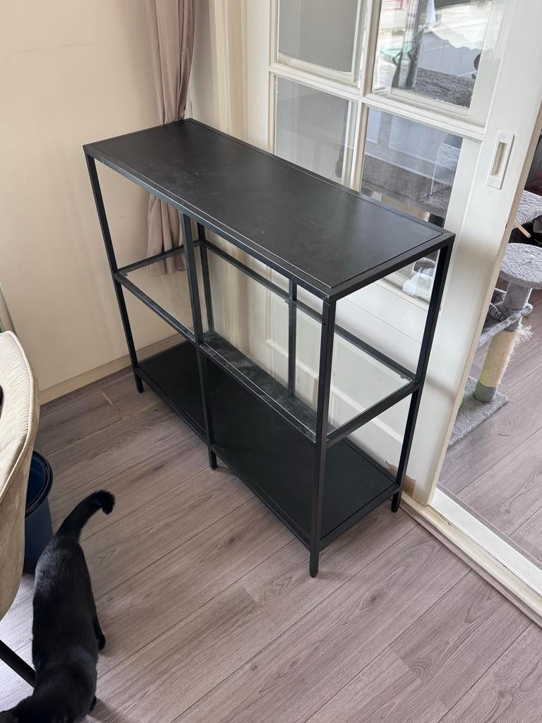 Industriële Sidetable met Zwart Metaal & Glas, Ophalen, 50 tot 100 cm, Glas, Zo goed als nieuw