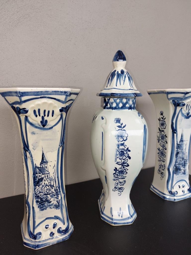 Set van 3 handgeschilderde Delfsblauwe vazen, Antiek en Kunst, Ophalen of Verzenden